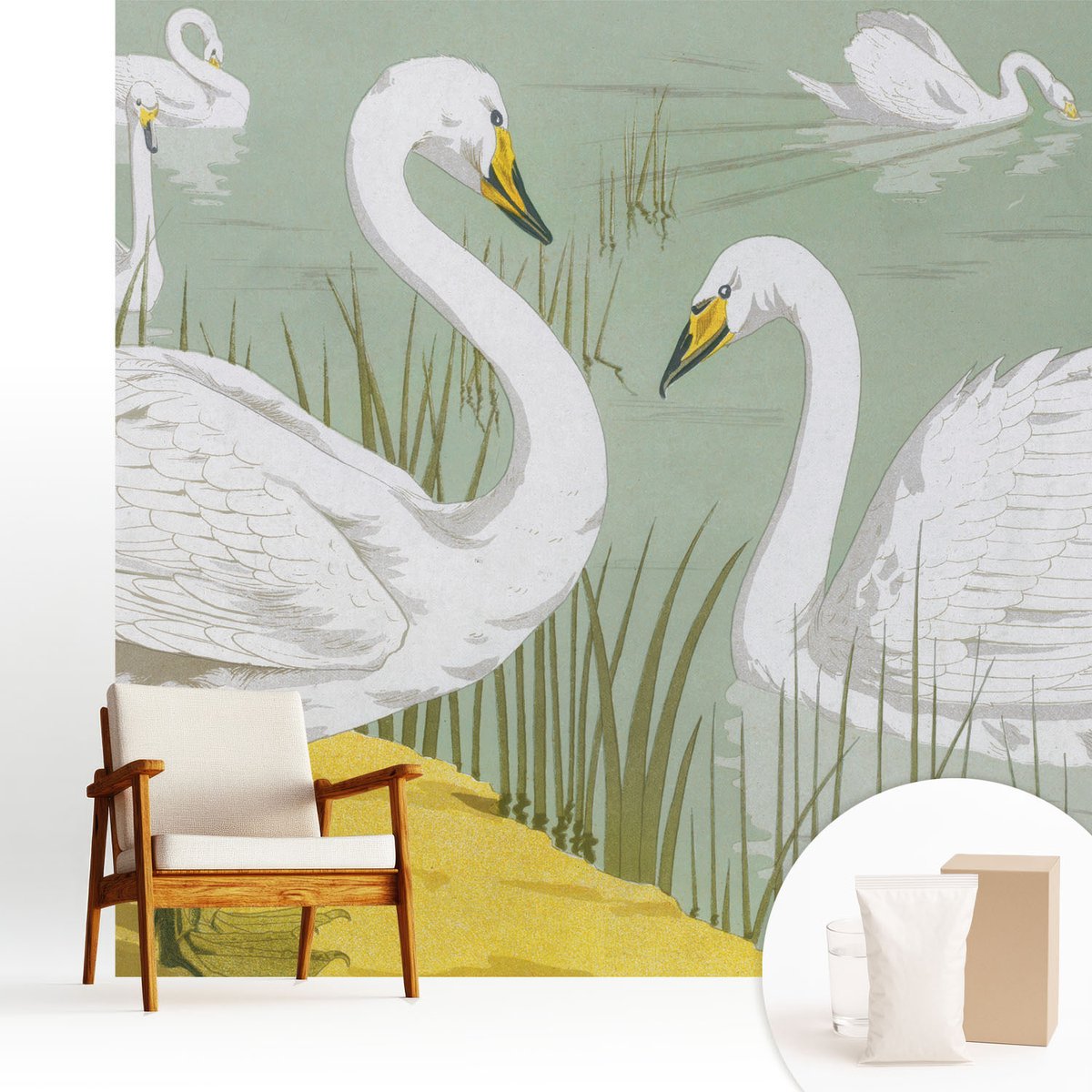Wallfluent Fotobehang - Wit Vliesbehang - 250x250 cm - Zwanenmeer Muurschildering - Gang behang Dieren - Fotobehang Vlies - Slaapkamer behang