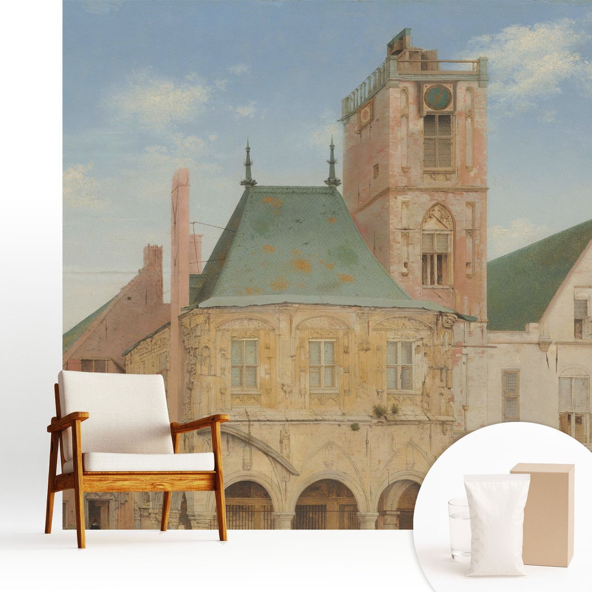 Wallfluent Fotobehang - Blauw Vliesbehang - 250x250 cm - Historisch Stadhuis Fotobehang Vlies - Woonkamer behang Architectuur - Muurschildering - Woonkamer behang
