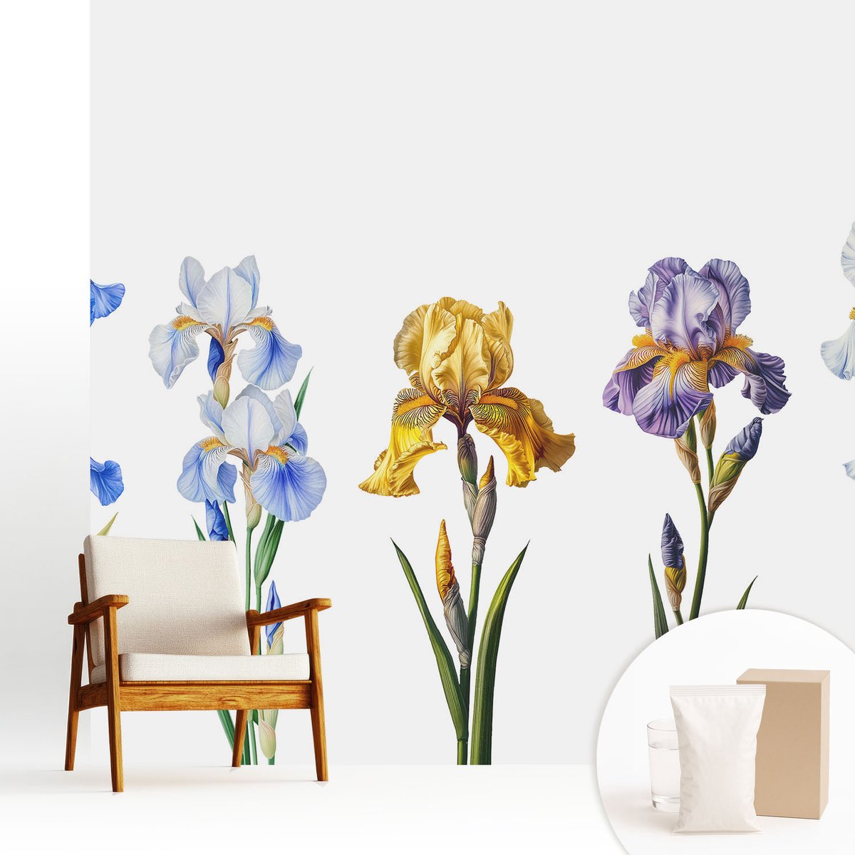 Wallfluent Fotobehang - Blauw Vliesbehang - 250x250 cm - Irisbloemen Muurschildering - Gang behang Bloemen En Planten - Fotobehang Vlies - Slaapkamer behang