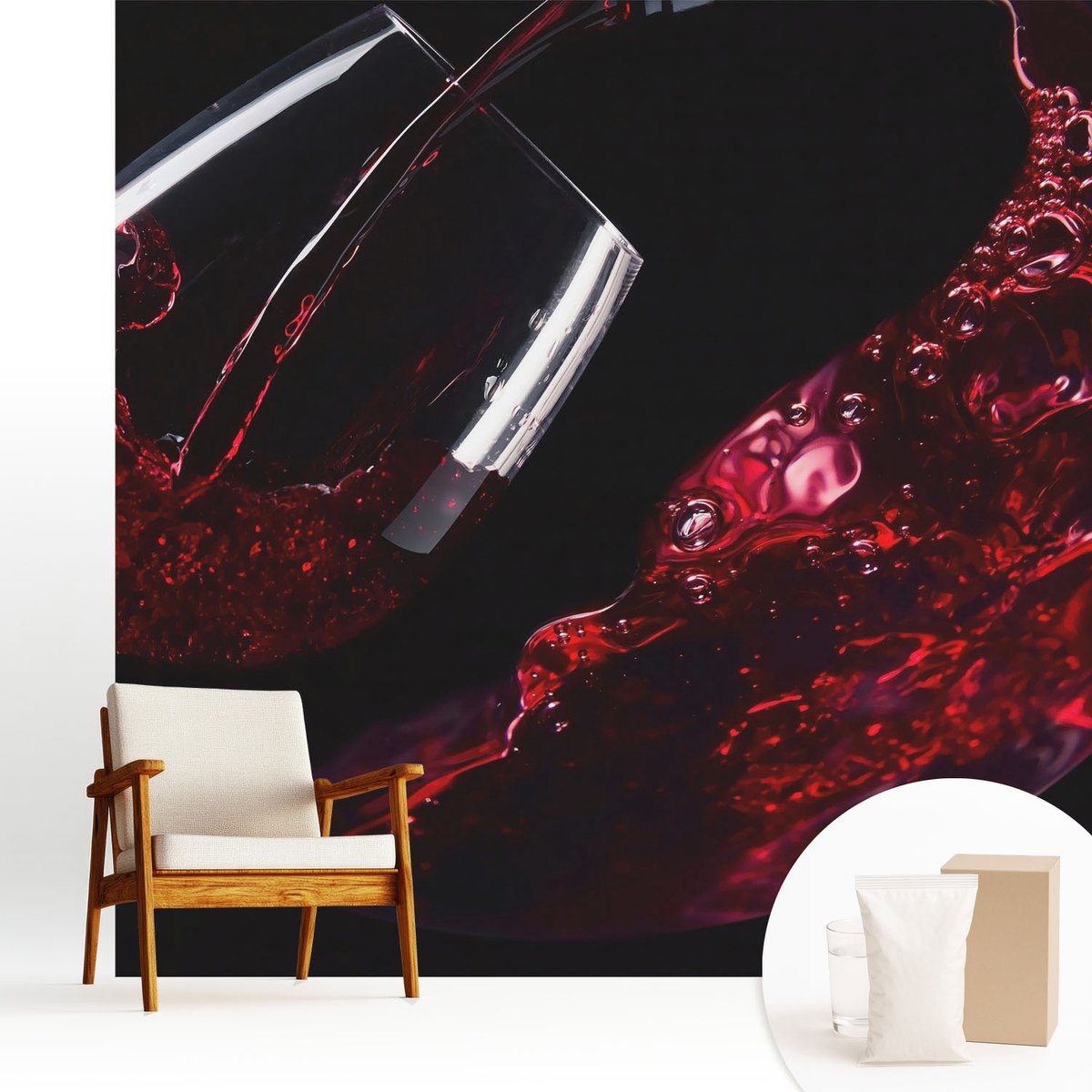 Wallfluent Fotobehang - Zwart Vliesbehang - 250x250 cm - Rode Wijn Fotobehang Vlies - Hal behang Voedsel - Muurschildering - Woonkamer behang