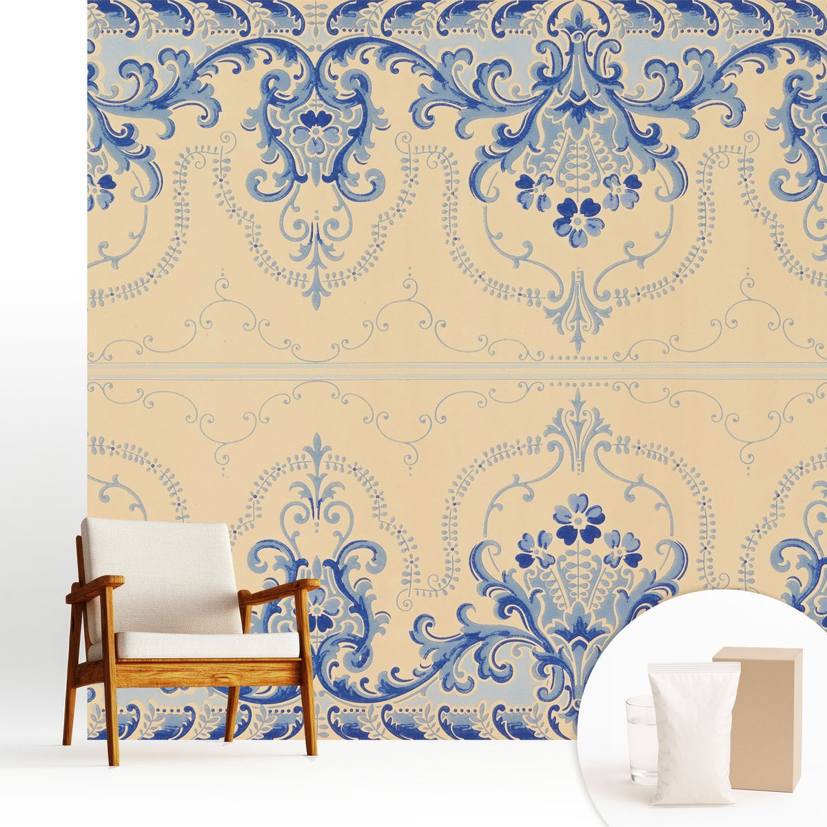 Wallfluent Fotobehang - Beige Vliesbehang - 250x250 cm - Blauwe Ornamenten Fotobehang Vlies - Hal behang Achtergronden En Patronen - Muurschildering - Woonkamer behang