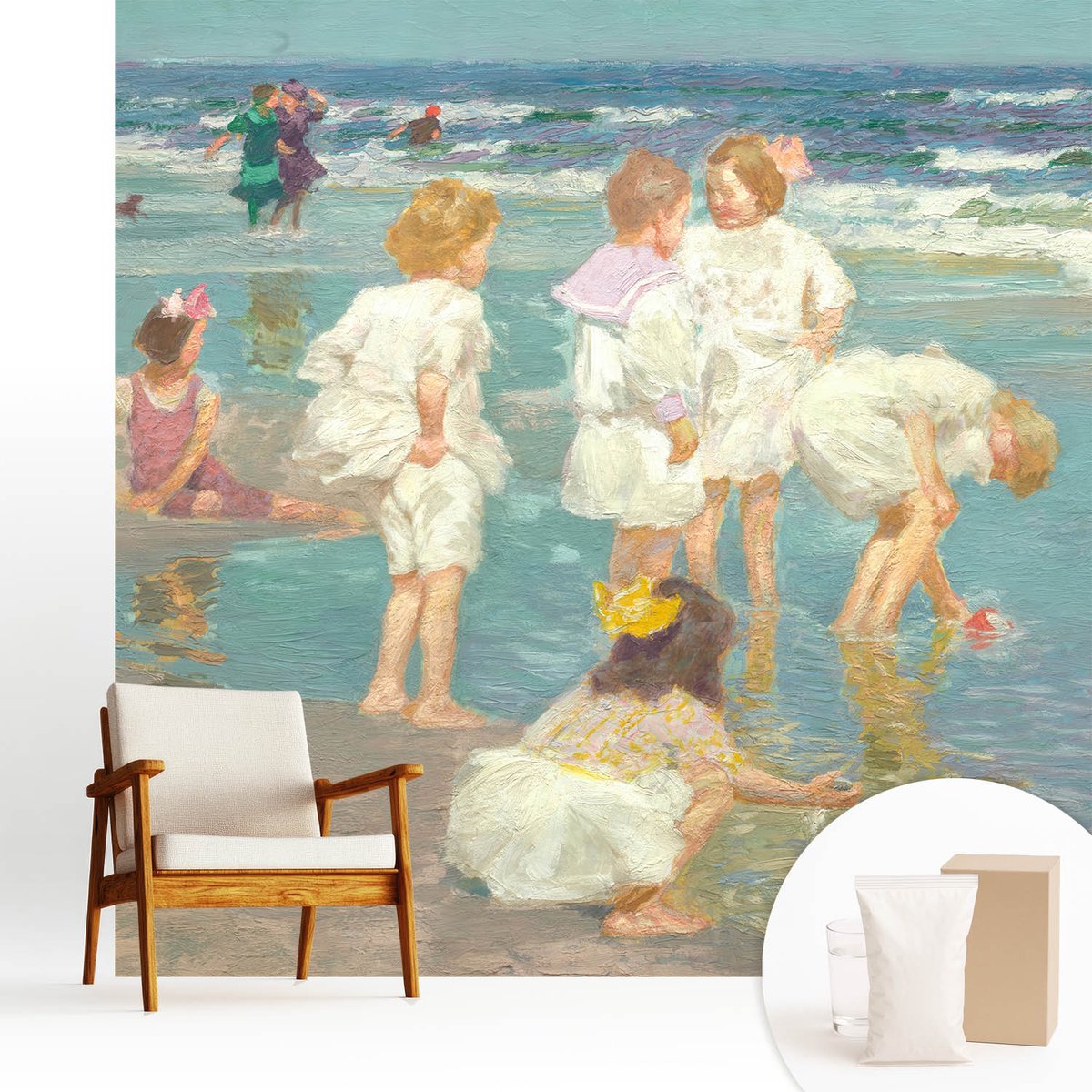 Wallfluent Fotobehang - Wit Vliesbehang - 250x250 cm - Jeugd Aan Het Strand Muurschildering - Slaapkamer behang Mensen - Fotobehang Vlies - Gang behang