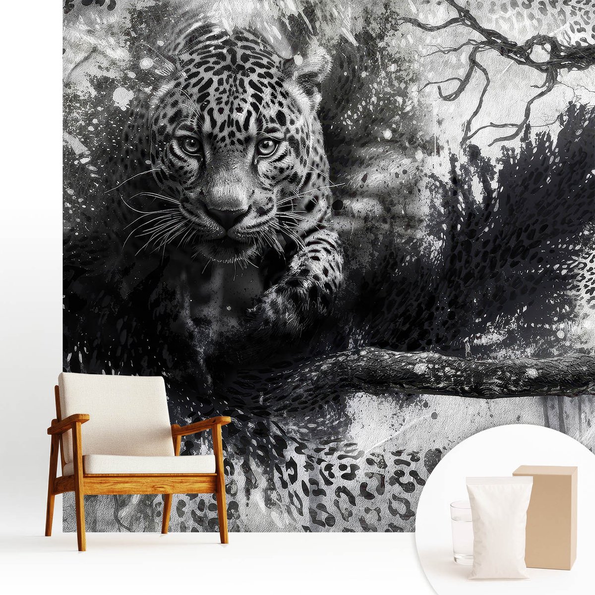 Wallfluent Fotobehang - Zwart-Wit Vliesbehang - 250x250 cm - Abstracte Luipaarden Fotobehang Vlies - Woonkamer behang Dieren - Muurschildering - Hal behang