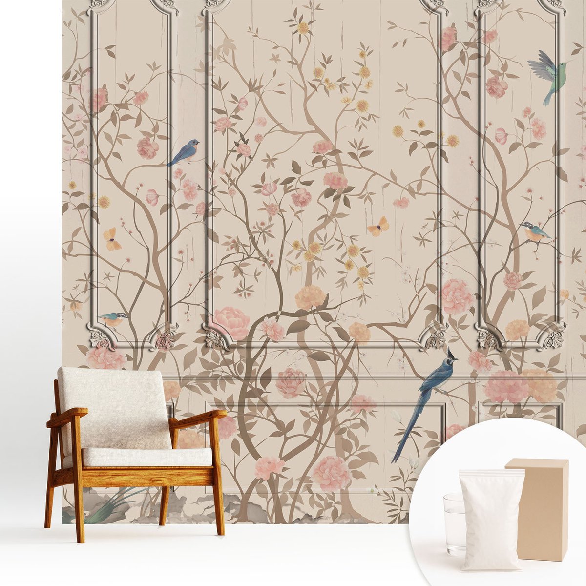 Wallfluent Fotobehang - Wit Vliesbehang - 250x250 cm - Vogels En Bloemen Fotobehang Vlies - Woonkamer behang Bloemen En Planten - Muurschildering - Woonkamer behang