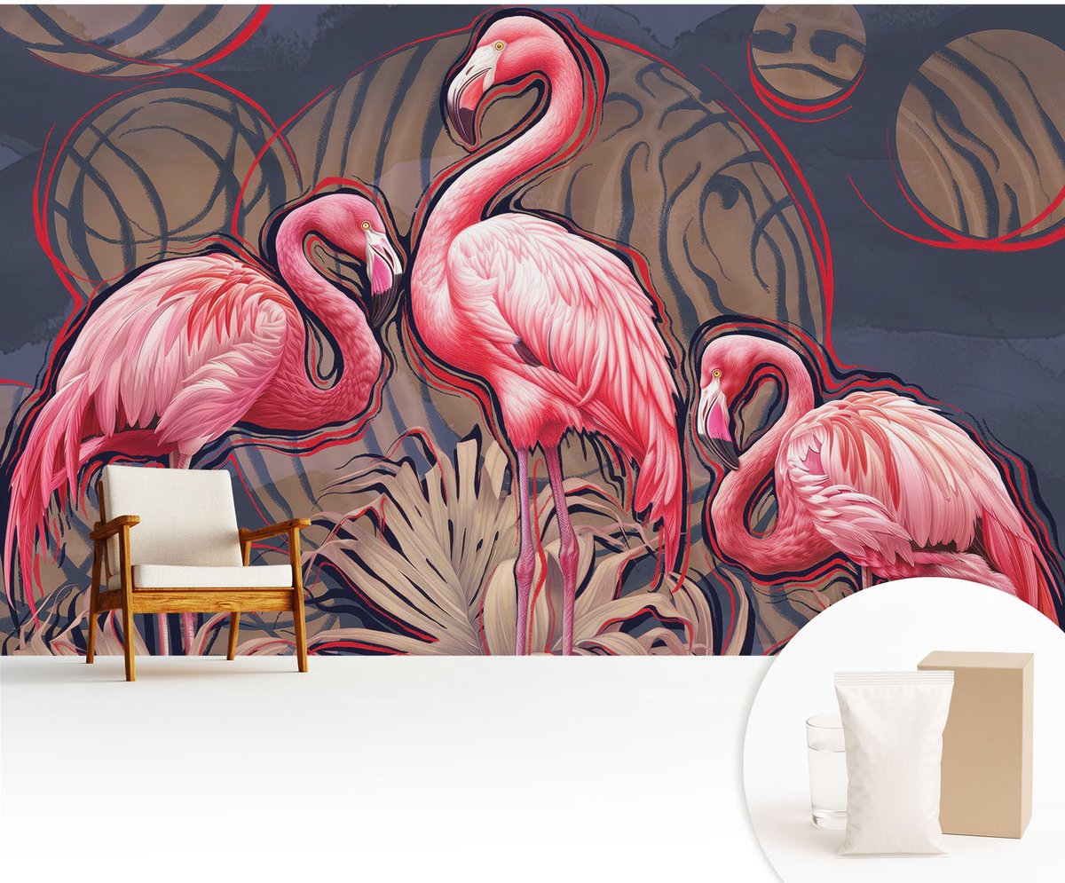 Wallfluent Fotobehang - Roze Vliesbehang - 416x254 cm - Roze Flamingo'S Muurschildering - Gang behang Dieren - Fotobehang Vlies - Slaapkamer behang