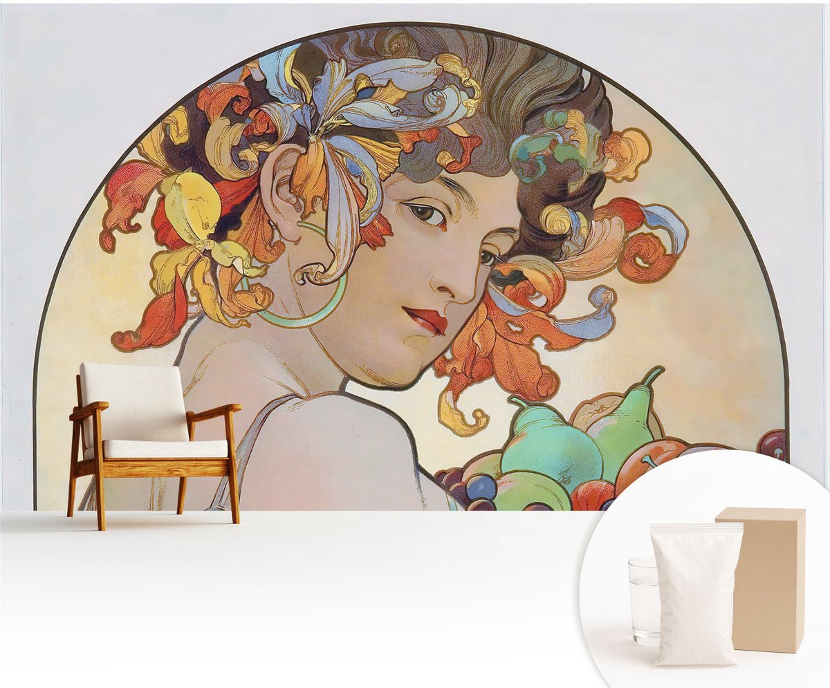 Wallfluent Fotobehang - Beige Vliesbehang - 416x254 cm - Kleurrijke Art Nouveau Fotobehang Vlies - Woonkamer behang Deel - Muurschildering - Hal behang