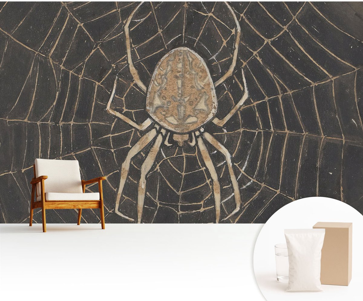 Wallfluent Fotobehang - Zwart Vliesbehang - 416x254 cm - Spinnenweb Fotobehang Vlies - Woonkamer behang Dieren - Muurschildering - Woonkamer behang