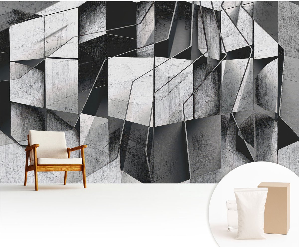 Wallfluent Fotobehang - Zwart-Wit Vliesbehang - 416x254 cm - Geometrische Abstractie Fotobehang Vlies - Hal behang Geometrie - Muurschildering - Woonkamer behang