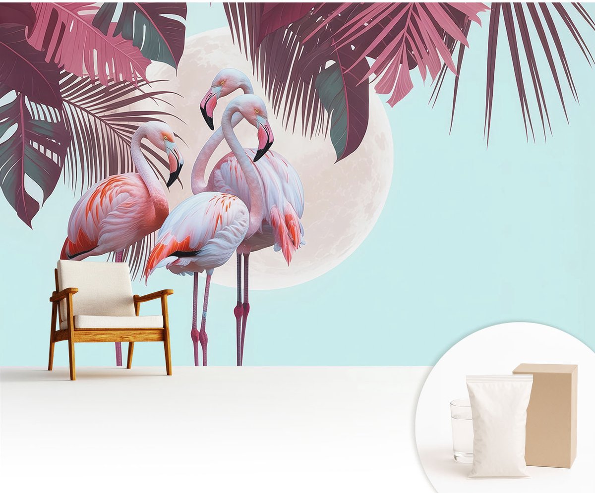Wallfluent Fotobehang - Roze Vliesbehang - 416x254 cm - Exotische Vogels Fotobehang Vlies - Hal behang Dieren - Muurschildering - Hal behang