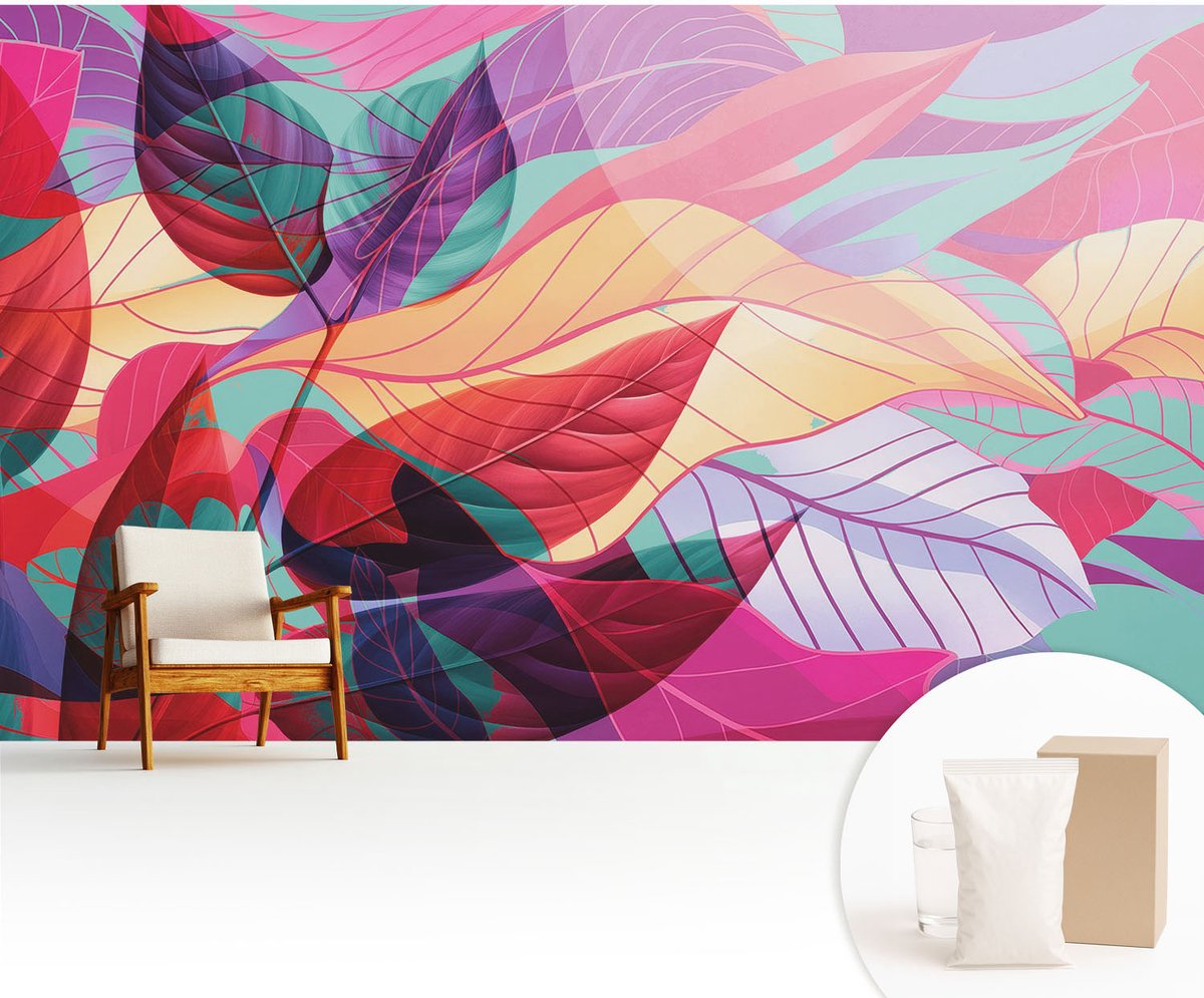 Wallfluent Fotobehang - Zwart Vliesbehang - 416x254 cm - Abstracte Bladeren Fotobehang Vlies - Hal behang Bloemversiering - Muurschildering - Hal behang
