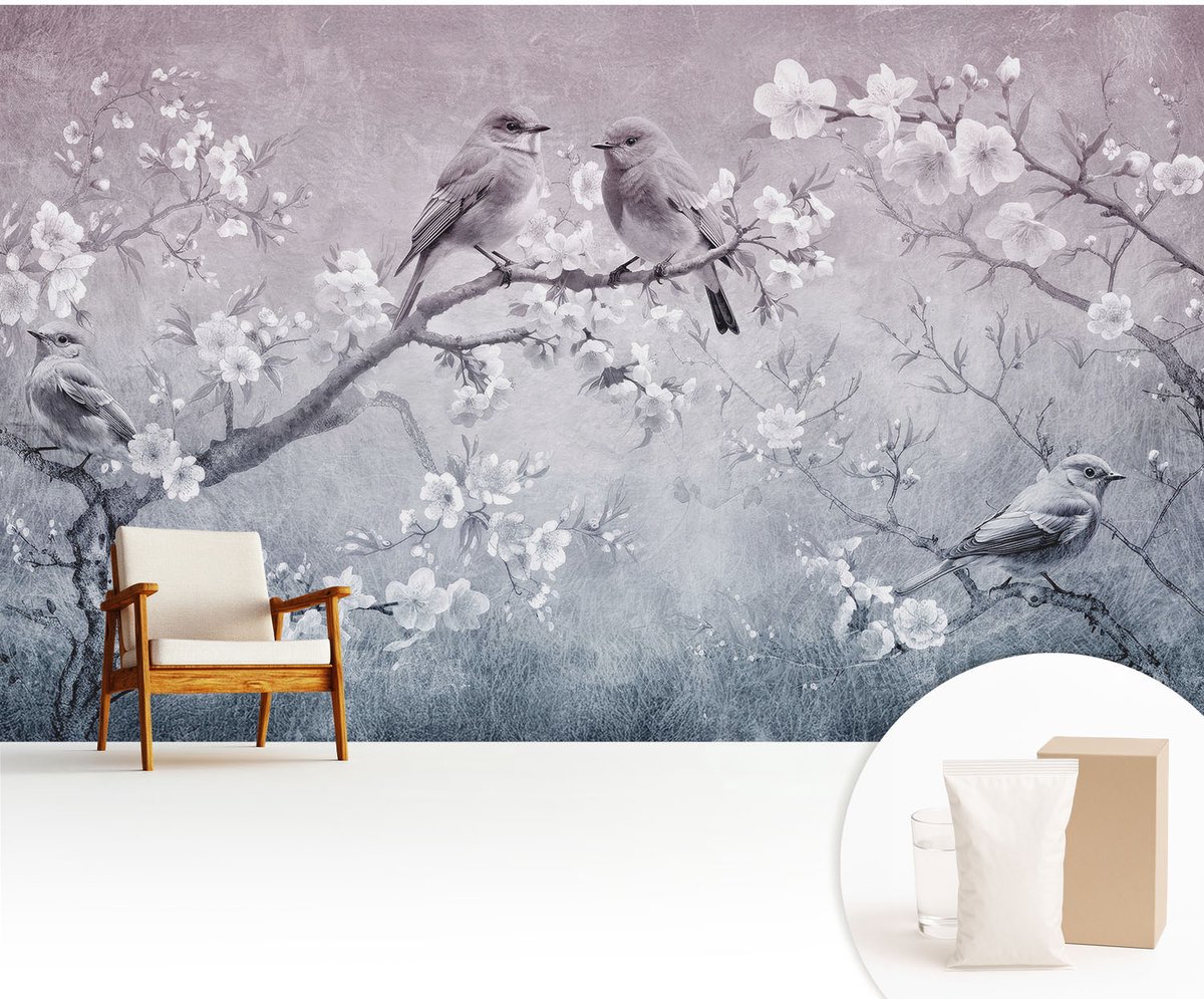 Wallfluent Fotobehang - Grijs Vliesbehang - 416x254 cm - Subtiele Natuur Fotobehang Vlies - Hal behang Bloemen En Planten - Muurschildering - Woonkamer behang
