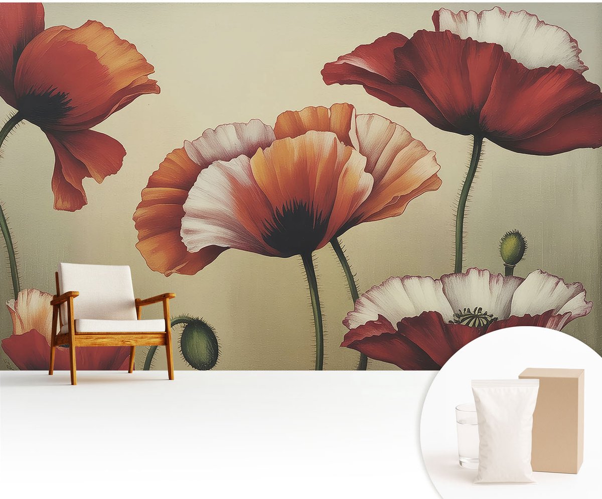 Wallfluent Fotobehang - Oranje Vliesbehang - 416x254 cm - Vrolijke Klaprozen Muurschildering - Slaapkamer behang Bloemen En Planten - Fotobehang Vlies - Slaapkamer behang