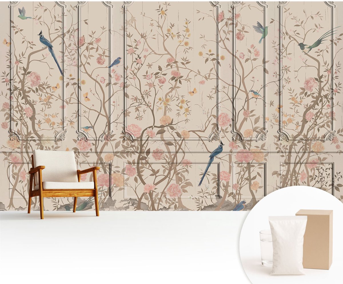 Wallfluent Fotobehang - Wit Vliesbehang - 416x254 cm - Vogels En Bloemen Fotobehang Vlies - Woonkamer behang Bloemen En Planten - Muurschildering - Woonkamer behang