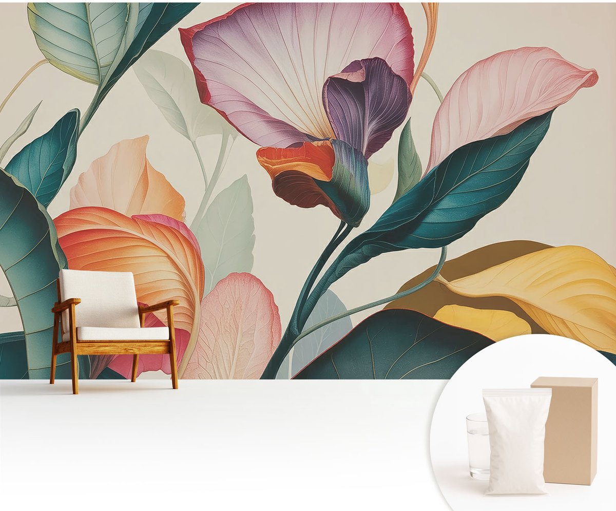 Wallfluent Fotobehang - Groente Vliesbehang - 416x254 cm - Kleurrijke Bloemen Muurschildering - Slaapkamer behang Bloemen En Planten - Fotobehang Vlies - Slaapkamer behang