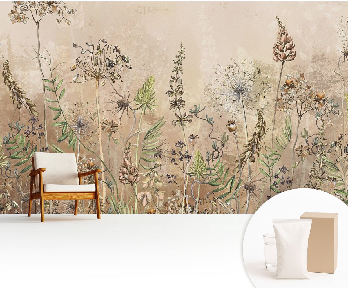 Wallfluent Fotobehang - Beige Vliesbehang - 416x254 cm - Rustieke Bloemen Fotobehang Vlies - Woonkamer behang Bloemen En Planten - Muurschildering - Woonkamer behang