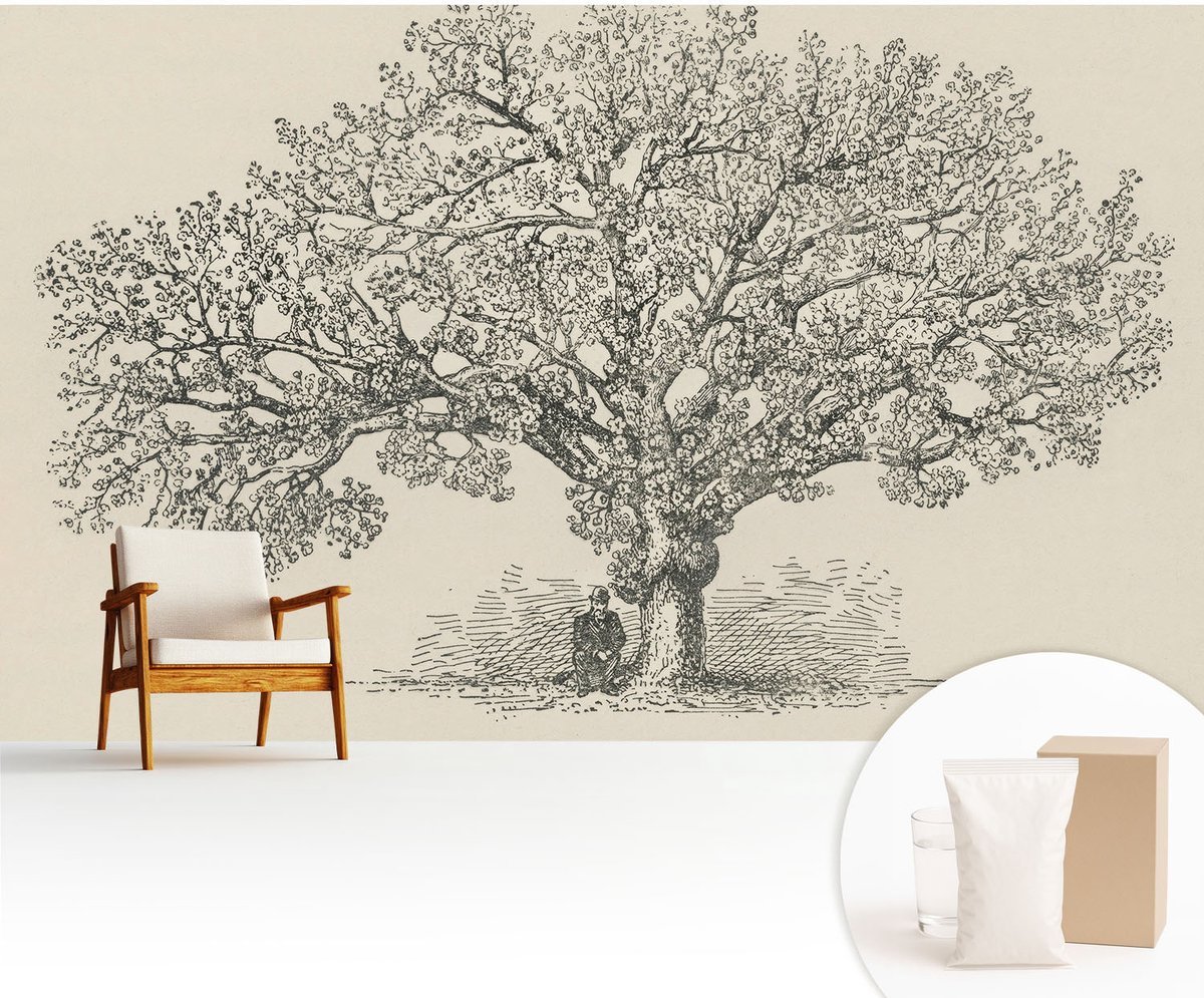 Wallfluent Fotobehang - Zwart-Wit Vliesbehang - 416x254 cm - Boomillustratie Muurschildering - Slaapkamer behang Bloemen En Planten - Fotobehang Vlies - Slaapkamer behang