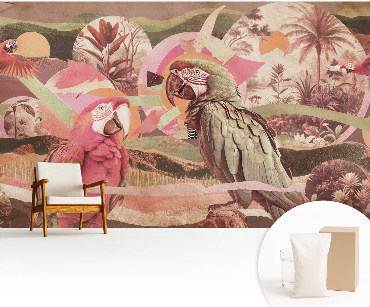 Wallfluent Fotobehang - Roze Vliesbehang - 416x254 cm - Tropische Vogels Fotobehang Vlies - Woonkamer behang Dieren - Muurschildering - Woonkamer behang