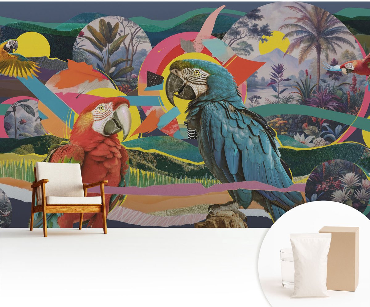 Wallfluent Fotobehang - Blauw Vliesbehang - 416x254 cm - Exotische Vogels Muurschildering - Slaapkamer behang Dieren - Fotobehang Vlies - Gang behang