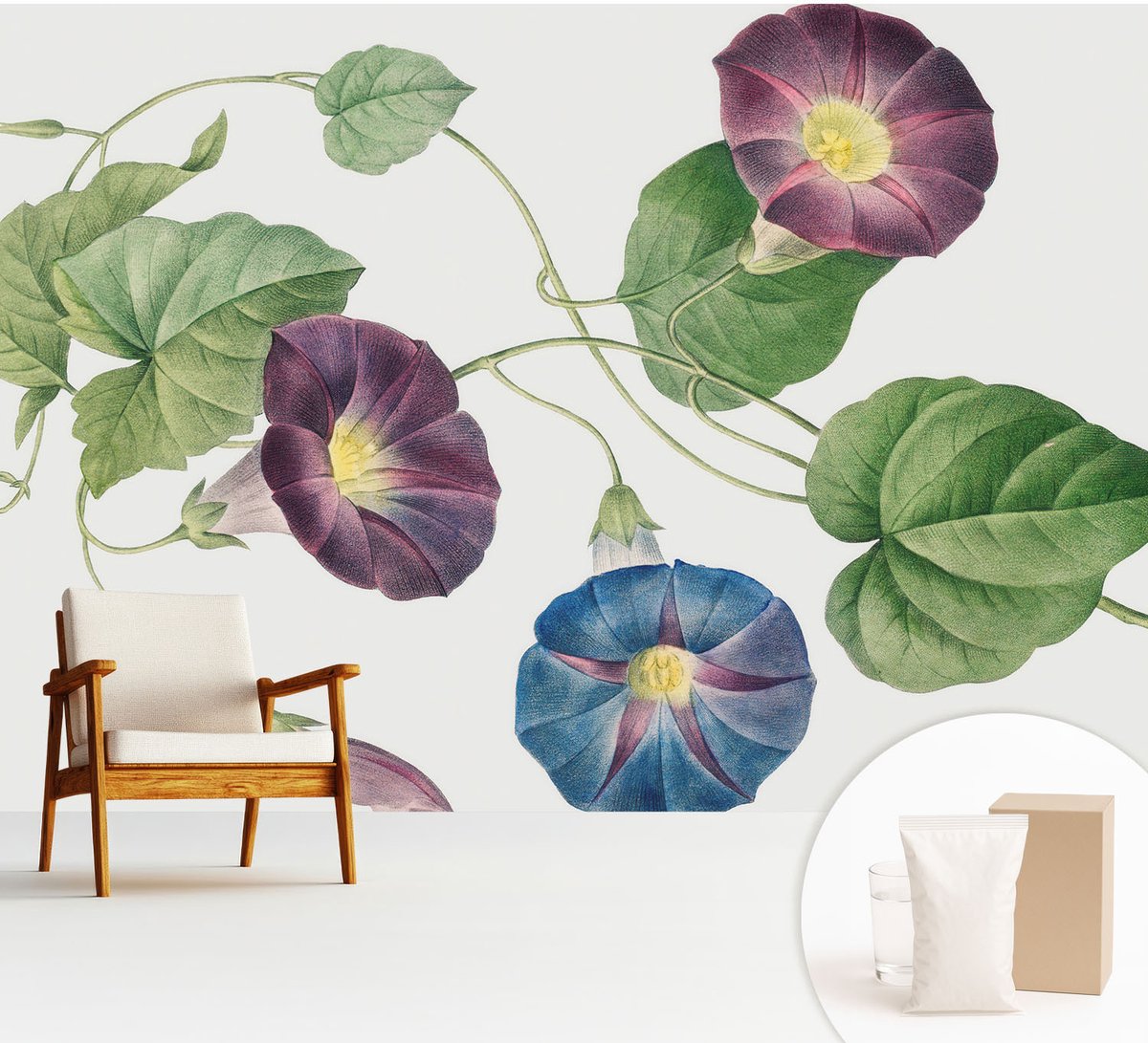 Wallfluent Fotobehang - Zwart Vliesbehang - 312x219 cm - Bloemrijke Elegantie Fotobehang Vlies - Hal behang Bloemen En Planten - Muurschildering - Woonkamer behang