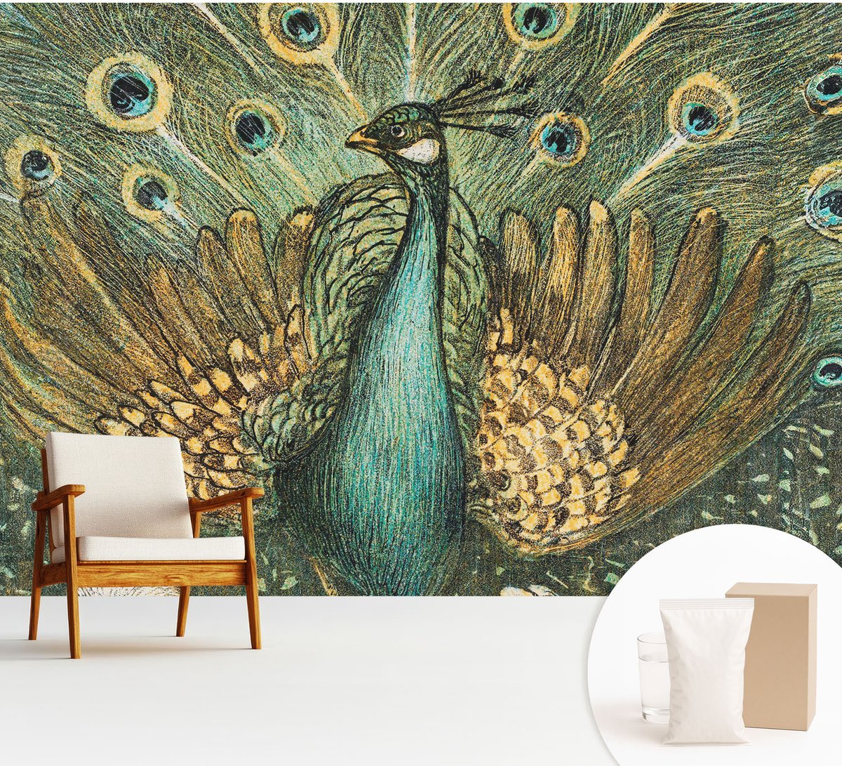 Wallfluent Fotobehang - Groente Vliesbehang - 312x219 cm - Majestueuze Pauw Fotobehang Vlies - Hal behang Dieren - Muurschildering - Hal behang