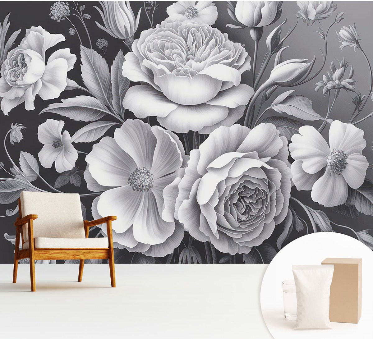 Wallfluent Fotobehang - Zwart Vliesbehang - 312x219 cm - Grijze Bloemen Fotobehang Vlies - Woonkamer behang Bloemen En Planten - Muurschildering - Hal behang