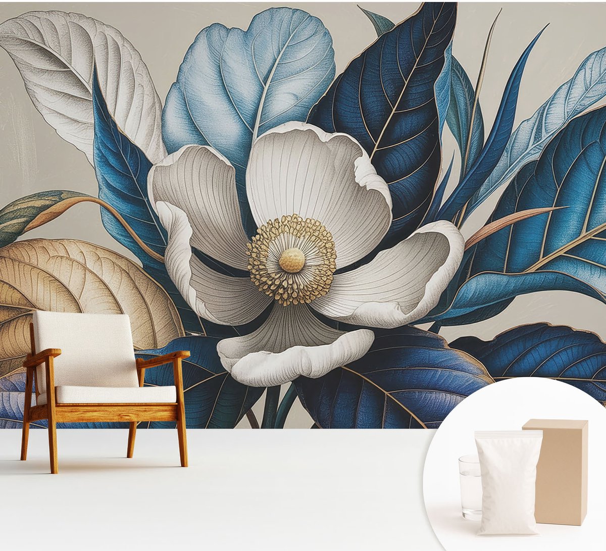 Wallfluent Fotobehang - Wit Vliesbehang - 312x219 cm - Elegante Flora Muurschildering - Gang behang Bloemen En Planten - Fotobehang Vlies - Slaapkamer behang