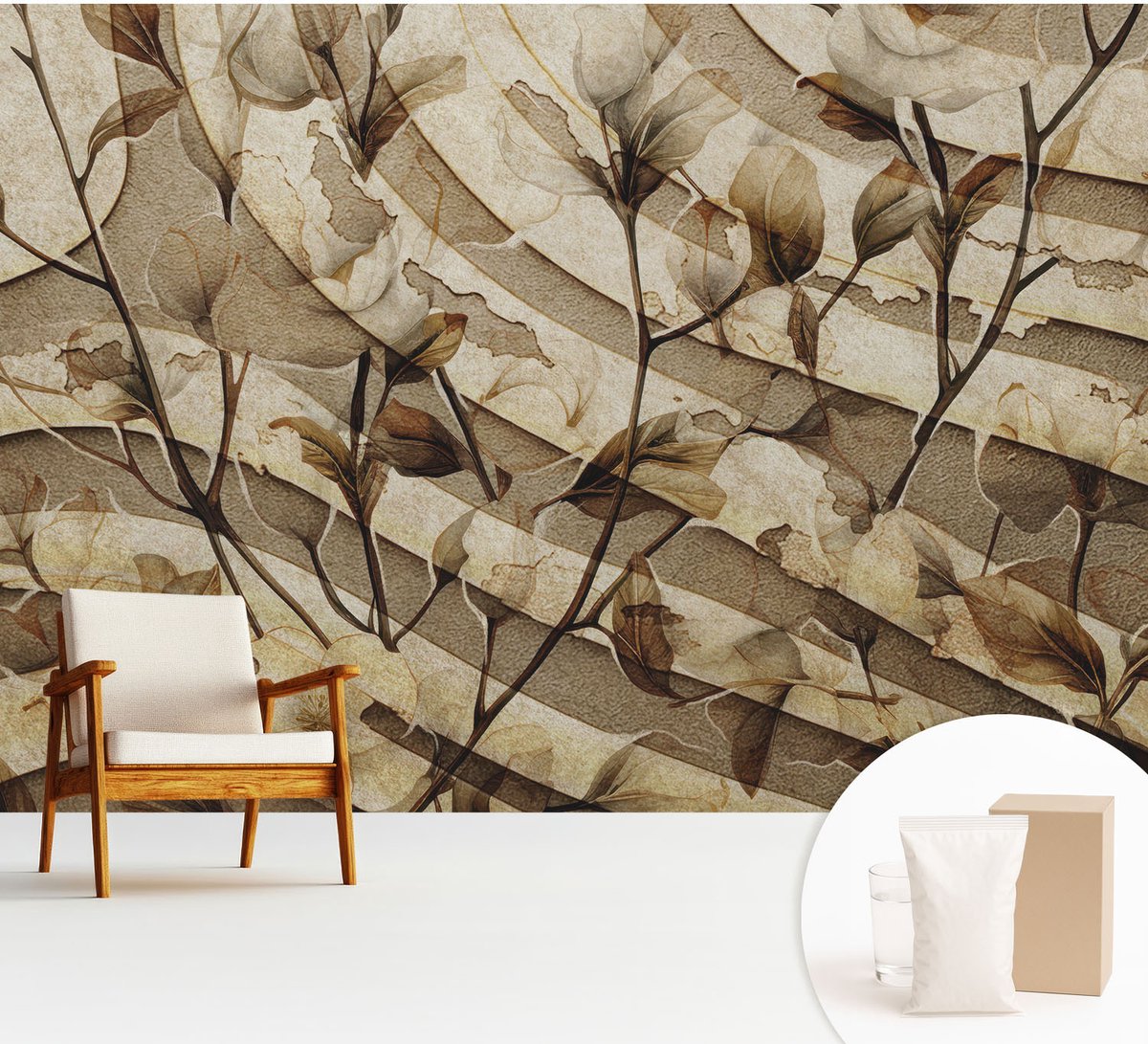 Wallfluent Fotobehang - Beige Vliesbehang - 312x219 cm - Klassieke Flora Fotobehang Vlies - Hal behang Bloemen En Planten - Muurschildering - Woonkamer behang