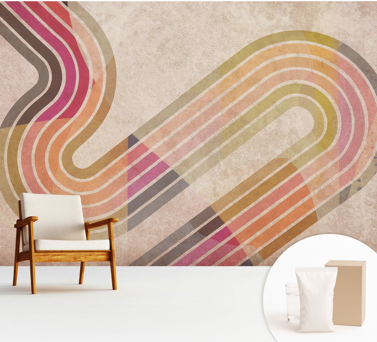 Wallfluent Fotobehang - Beige Vliesbehang - 312x219 cm - Geometrische Lijnen Muurschildering - Slaapkamer behang Abstractie - Fotobehang Vlies - Gang behang