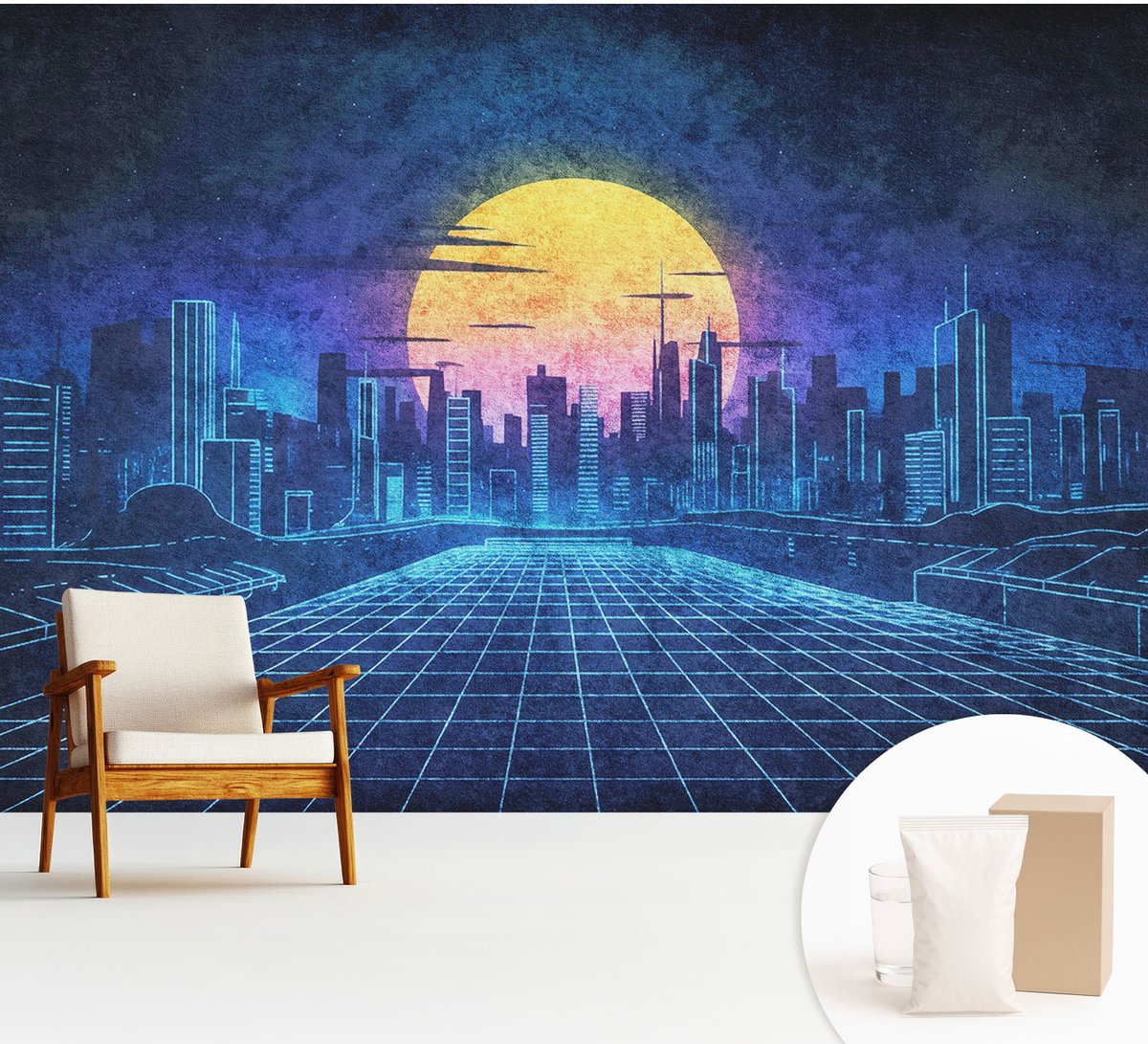 Wallfluent Fotobehang - Blauw Vliesbehang - 312x219 cm - Futuristisch Landschap Muurschildering - Slaapkamer behang Steden - Fotobehang Vlies - Gang behang
