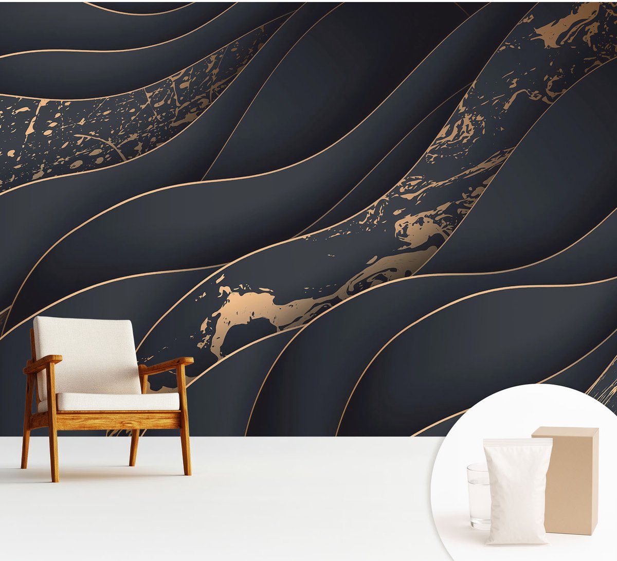 Wallfluent Fotobehang - Zwart Vliesbehang - 312x219 cm - Elegante Golven Fotobehang Vlies - Hal behang Abstractie - Muurschildering - Woonkamer behang