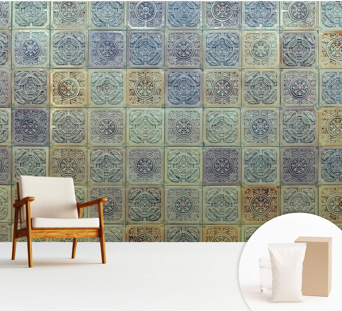 Wallfluent Fotobehang - Grijs Vliesbehang - 312x219 cm - Geometrische Tegels Muurschildering - Slaapkamer behang Achtergronden En Patronen - Fotobehang Vlies - Slaapkamer behang