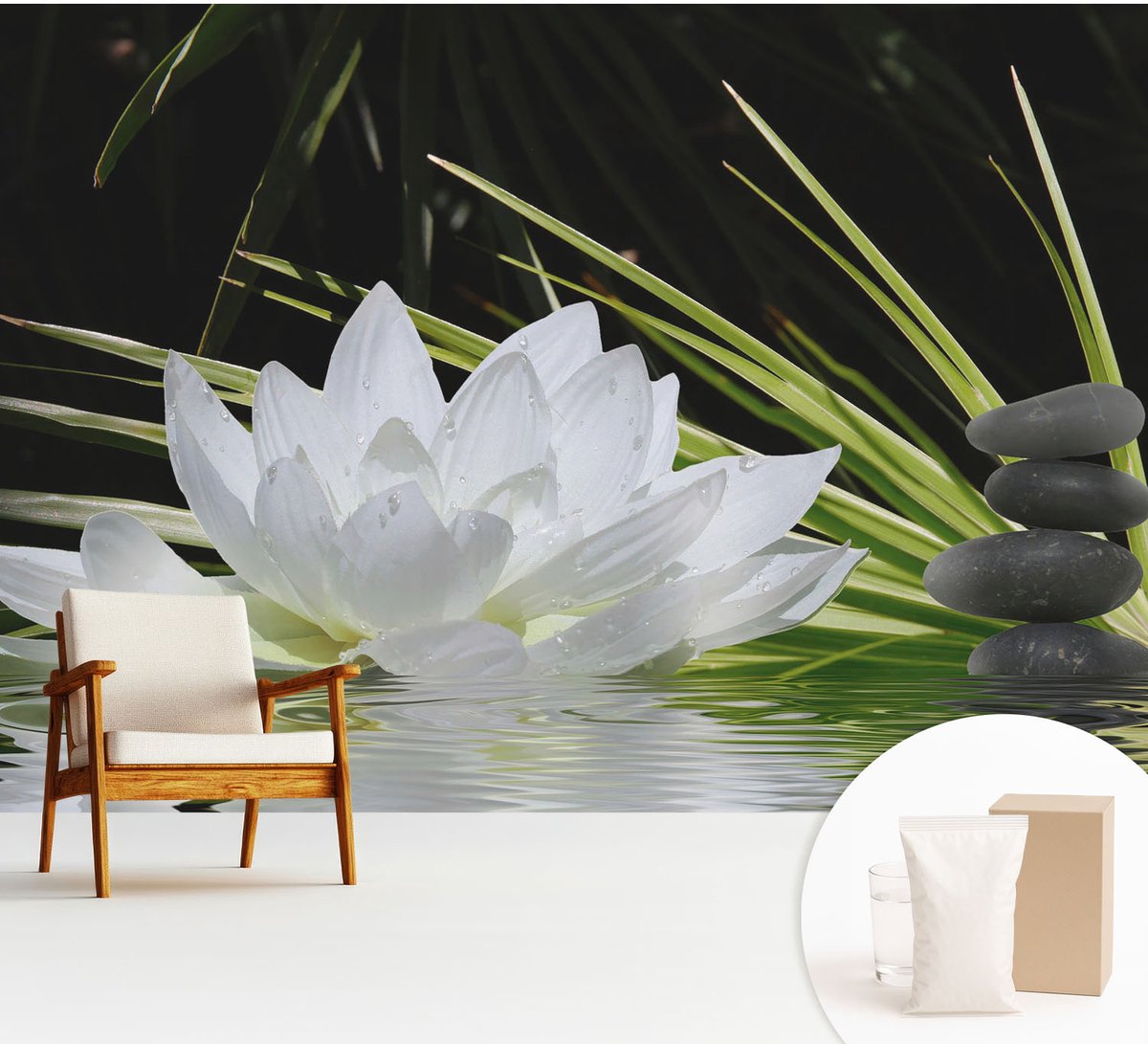 Wallfluent Fotobehang - Wit Vliesbehang - 312x219 cm - Lelie-Meditatie Fotobehang Vlies - Hal behang Bloemen En Planten - Muurschildering - Hal behang