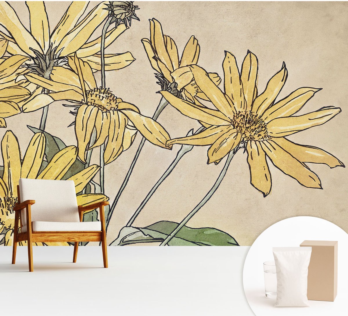 Wallfluent Fotobehang - Wit Vliesbehang - 312x219 cm - Aquarel Bloemen Muurschildering - Slaapkamer behang Bloemen En Planten - Fotobehang Vlies - Gang behang