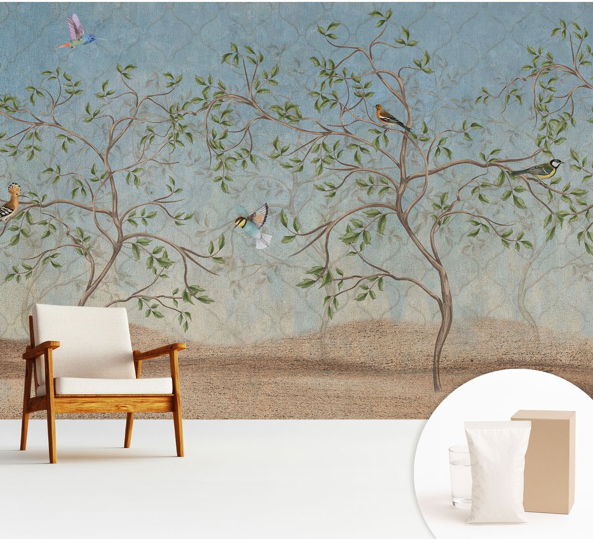 Wallfluent Fotobehang - Grijs Vliesbehang - 312x219 cm - Vogels In De Bomen Fotobehang Vlies - Woonkamer behang Bloemen En Planten - Muurschildering - Woonkamer behang