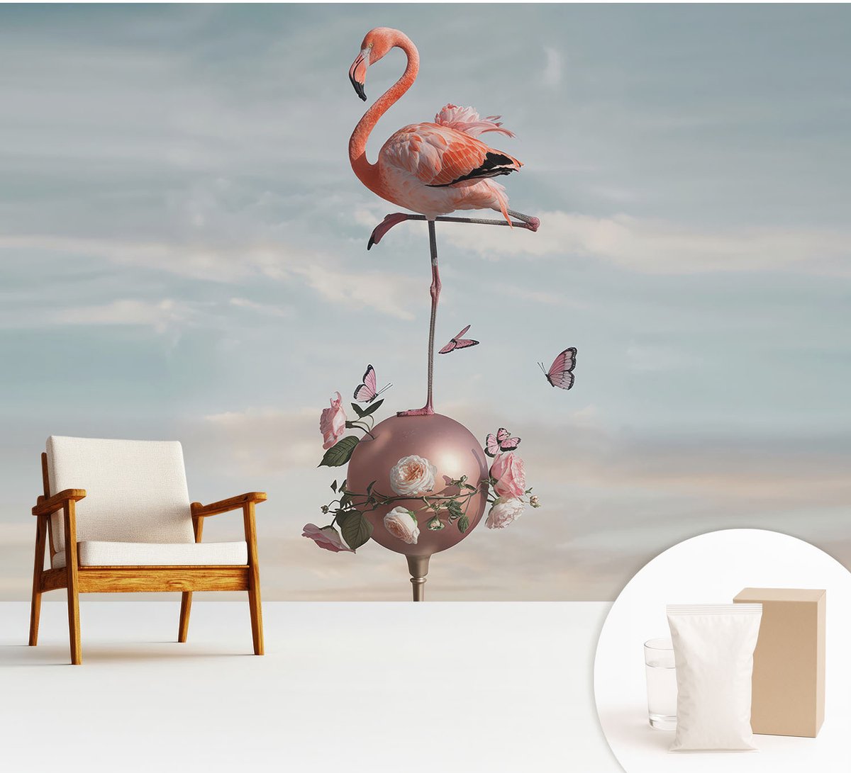 Wallfluent Fotobehang - Blauw Vliesbehang - 312x219 cm - Elegante Flamingo Fotobehang Vlies - Hal behang Dieren - Muurschildering - Woonkamer behang