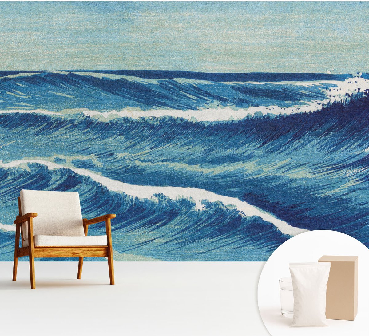 Wallfluent Fotobehang - Blauw Vliesbehang - 312x219 cm - Zeegolven Fotobehang Vlies - Hal behang Landschappen - Muurschildering - Hal behang