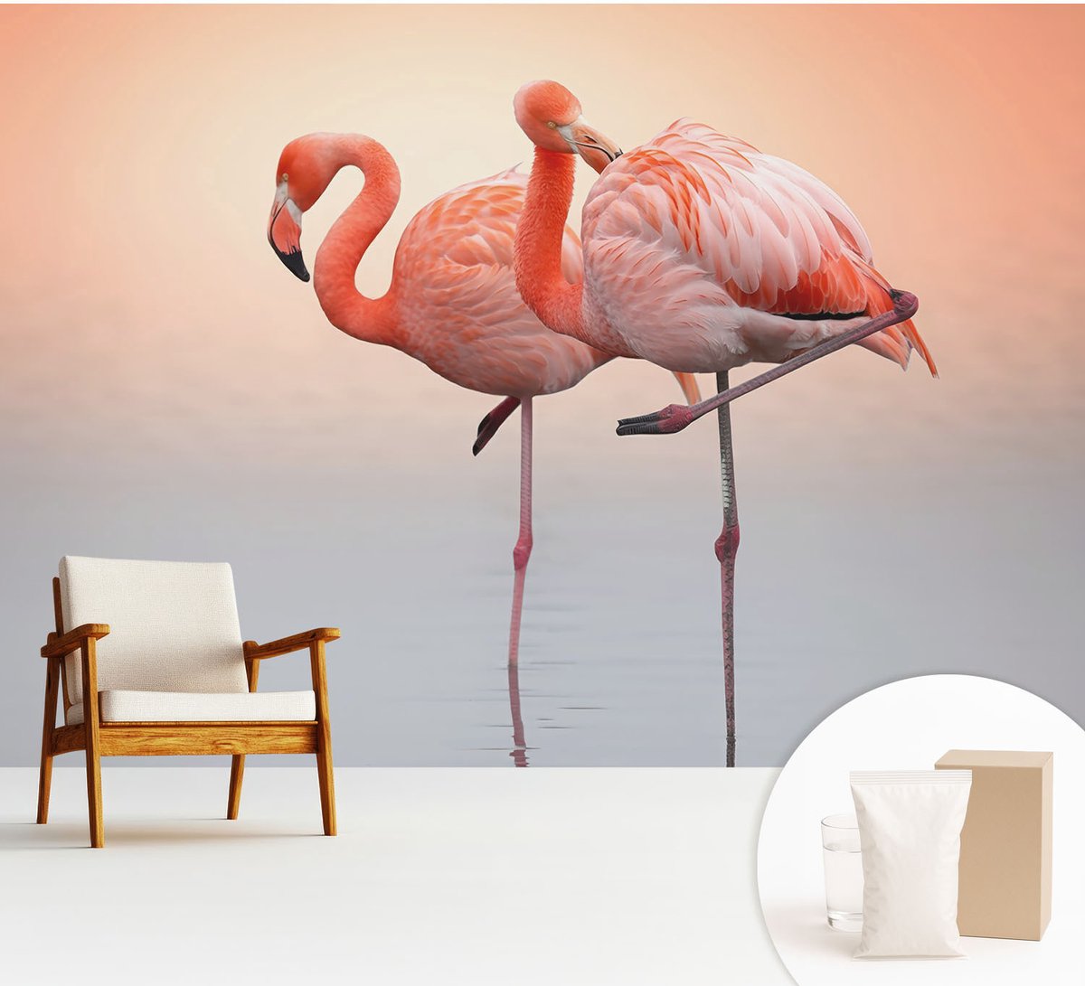 Wallfluent Fotobehang - Oranje Vliesbehang - 312x219 cm - Delicate Flamingo'S Fotobehang Vlies - Hal behang Dieren - Muurschildering - Hal behang