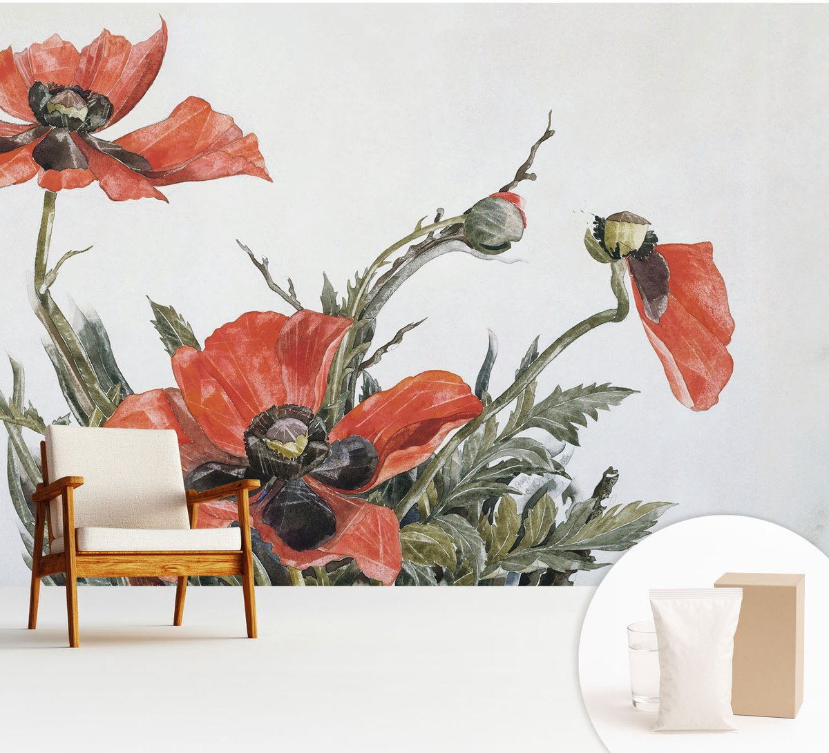 Wallfluent Fotobehang - Rood Vliesbehang - 312x219 cm - Rode Klaprozen Muurschildering - Gang behang Bloemen En Planten - Fotobehang Vlies - Gang behang