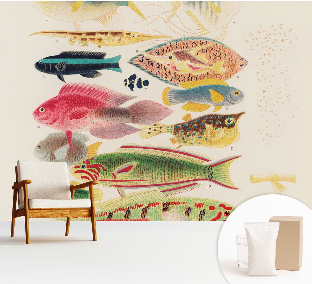 Wallfluent Fotobehang - Beige Vliesbehang - 312x219 cm - Kleurrijke Vissen Muurschildering - Gang behang Dieren - Fotobehang Vlies - Slaapkamer behang