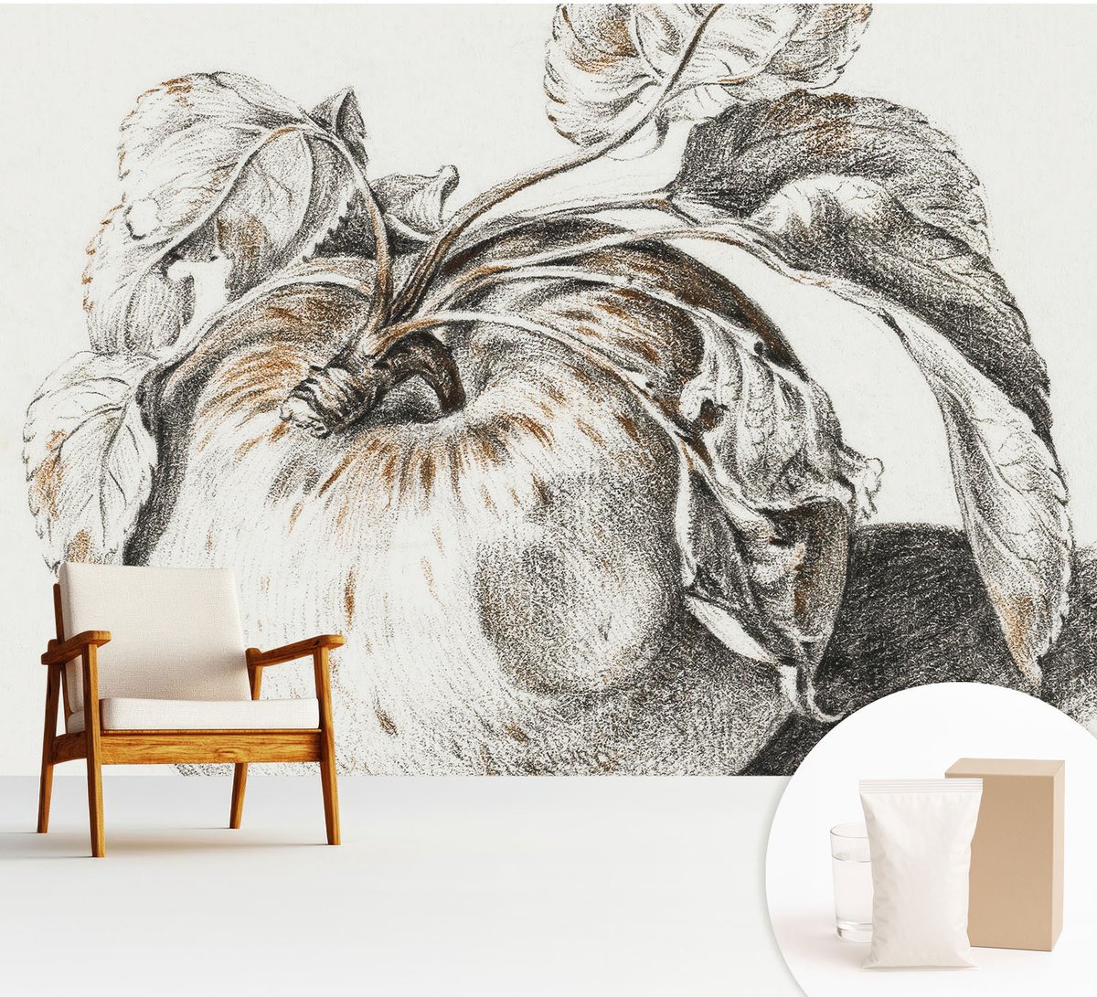 Wallfluent Fotobehang - Grijs Vliesbehang - 312x219 cm - Appelbladeren Muurschildering - Slaapkamer behang Deel - Fotobehang Vlies - Gang behang