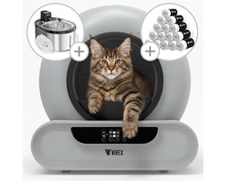 Vivex® Litière automatique pour chat + 15 rouleaux – avec fontaine à eau sans fil + 6 filtres et outil de nettoyage – Litière autonettoyante - Litière électrique avec application – 75L - tapis inclus - XXL