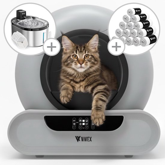 Een Maine Coon kat ligt in de Vivex automatische kattenbak. Inclusief drinkfontein en 15 rollen zakjes.