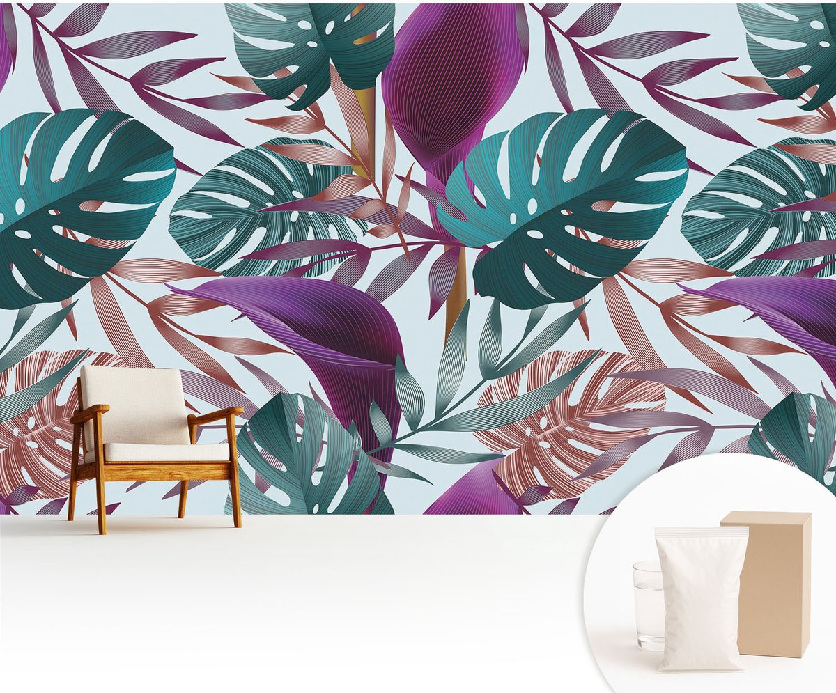 Wallfluent Fotobehang - Paars Vliesbehang - 416x254 cm - Tropische Compositie Muurschildering - Slaapkamer behang Bloemen En Planten - Fotobehang Vlies - Slaapkamer behang