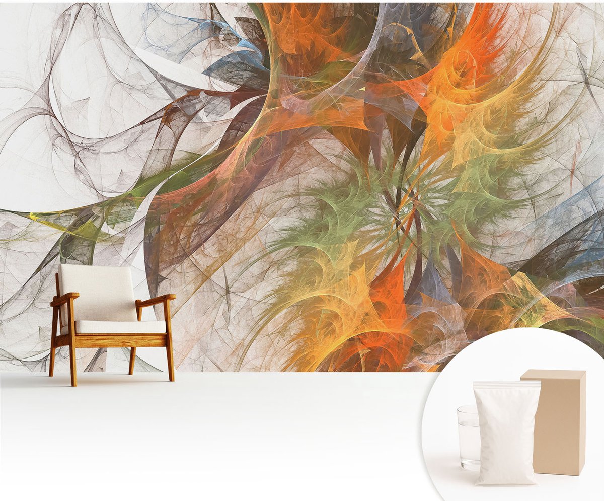 Wallfluent Fotobehang - Oranje Vliesbehang - 416x254 cm - Abstracte Caleidoscoop Muurschildering - Gang behang Deel - Fotobehang Vlies - Slaapkamer behang