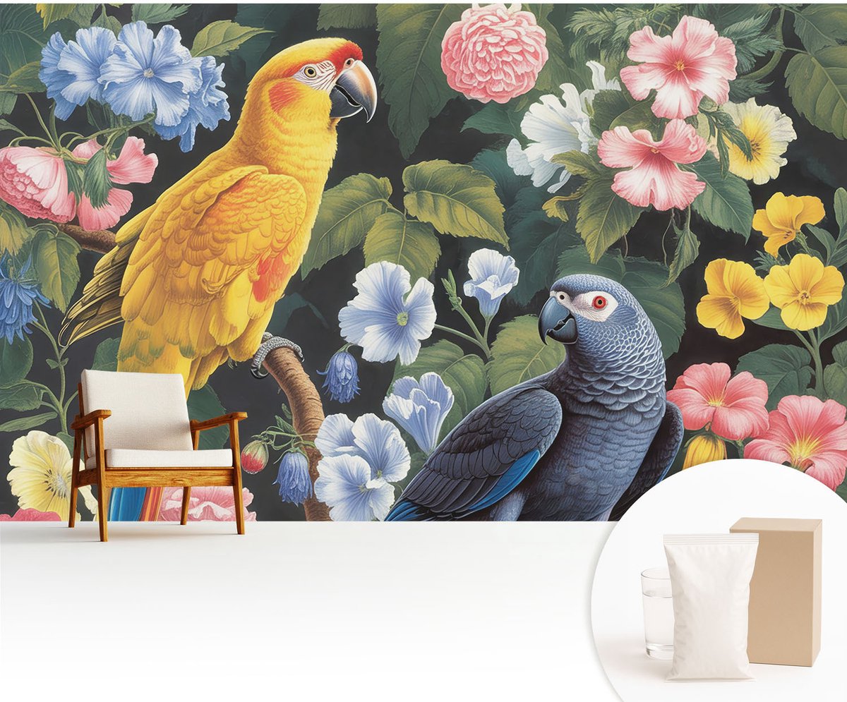 Wallfluent Fotobehang - Geel Vliesbehang - 416x254 cm - Exotische Vogels Fotobehang Vlies - Woonkamer behang Dieren - Muurschildering - Woonkamer behang