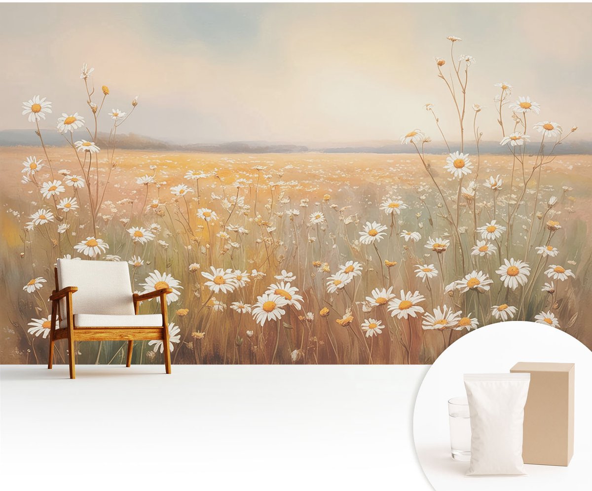 Wallfluent Fotobehang - Wit Vliesbehang - 416x254 cm - Bloemenweide Muurschildering - Gang behang Bloemen En Planten - Fotobehang Vlies - Slaapkamer behang