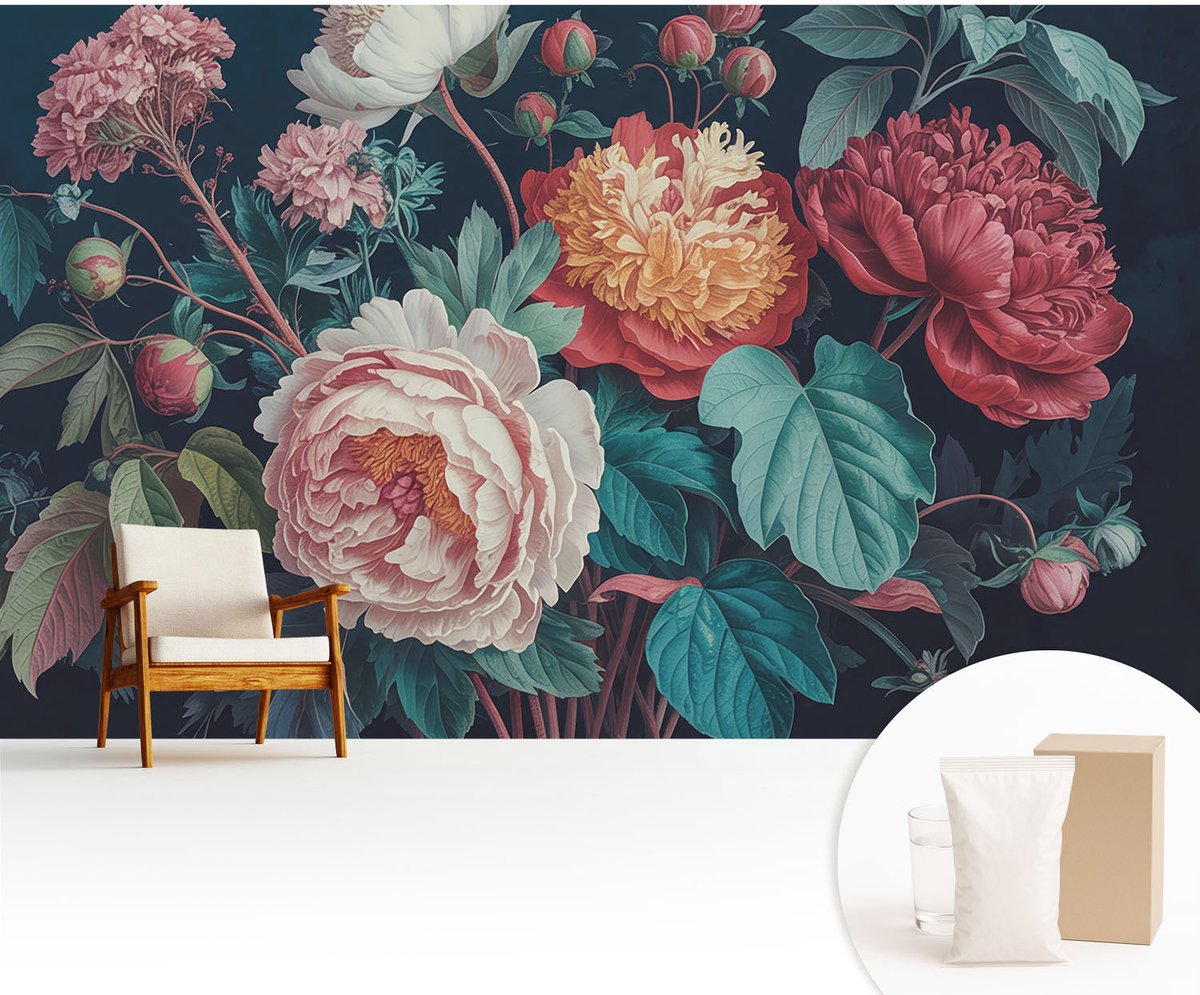 Wallfluent Fotobehang - Wit Vliesbehang - 416x254 cm - Kleurrijke Bloemen Muurschildering - Gang behang Bloemen En Planten - Fotobehang Vlies - Gang behang