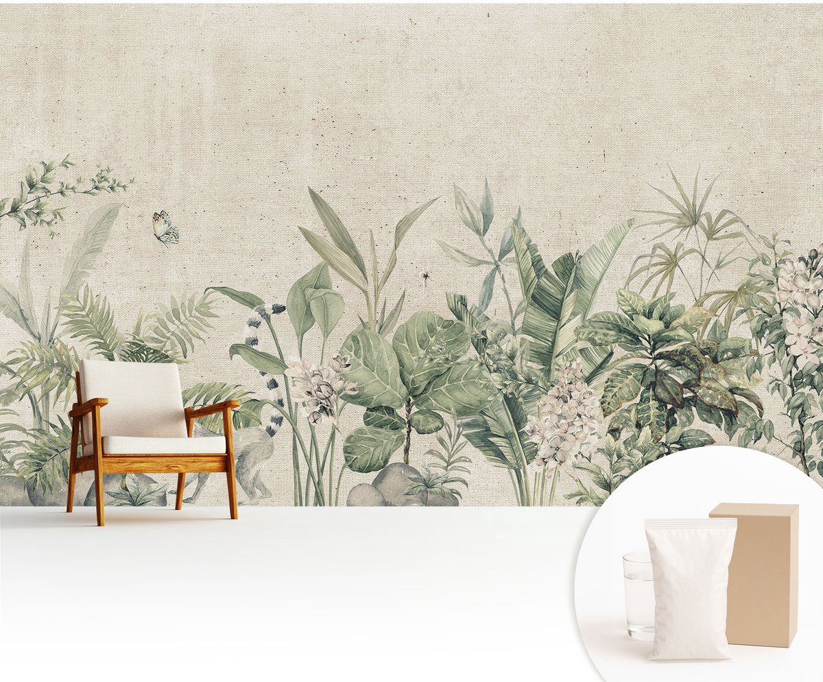 Wallfluent Fotobehang - Beige Vliesbehang - 416x254 cm - Tropische Jungle Fotobehang Vlies - Hal behang Bloemen En Planten - Muurschildering - Hal behang