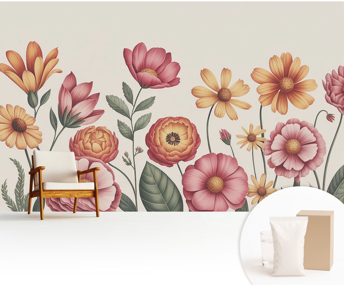 Wallfluent Fotobehang - Roze Vliesbehang - 416x254 cm - Bloemarrangement Fotobehang Vlies - Hal behang Bloemen En Planten - Muurschildering - Woonkamer behang