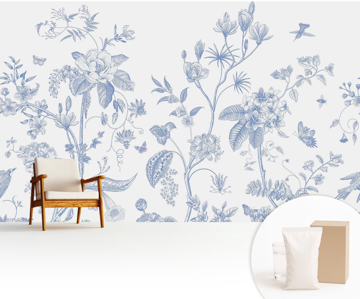 Wallfluent Fotobehang - Wit Vliesbehang - 416x254 cm - Bloemenpatroon Fotobehang Vlies - Hal behang Bloemen En Planten - Muurschildering - Woonkamer behang